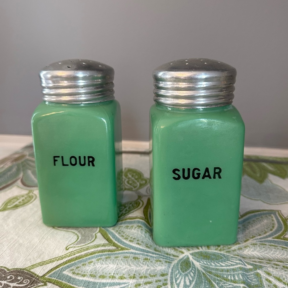 Vintage Jadite Flour and Sugar Shakers